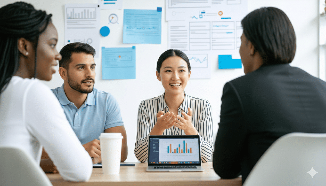 Une équipe hybride discutant ensemble