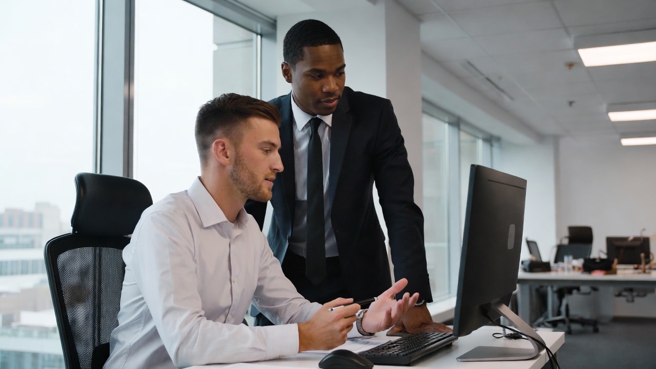 Deux hommes se décidant entre externalisation hybride vs outsourcing traditionnel