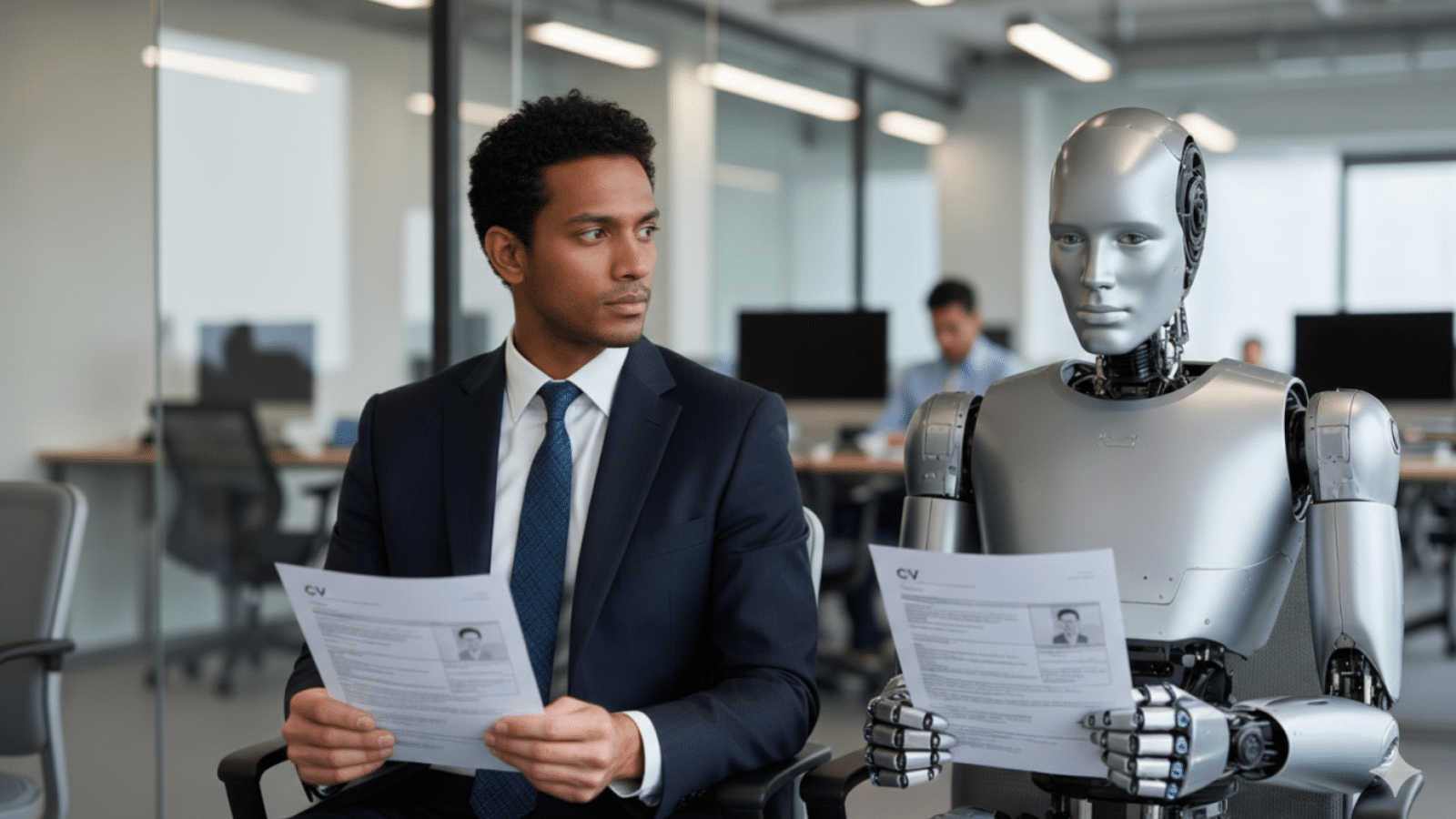 Un homme et un robot humanoïde en train de passer un entretien d'embauche