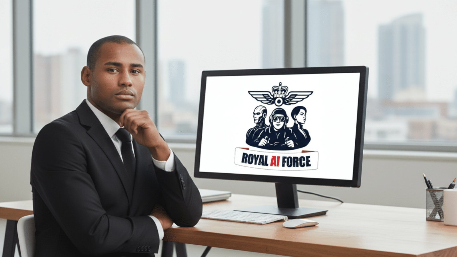 Un homme dans un bureau moderne avec le logo de RoyalAIForce sur son écran