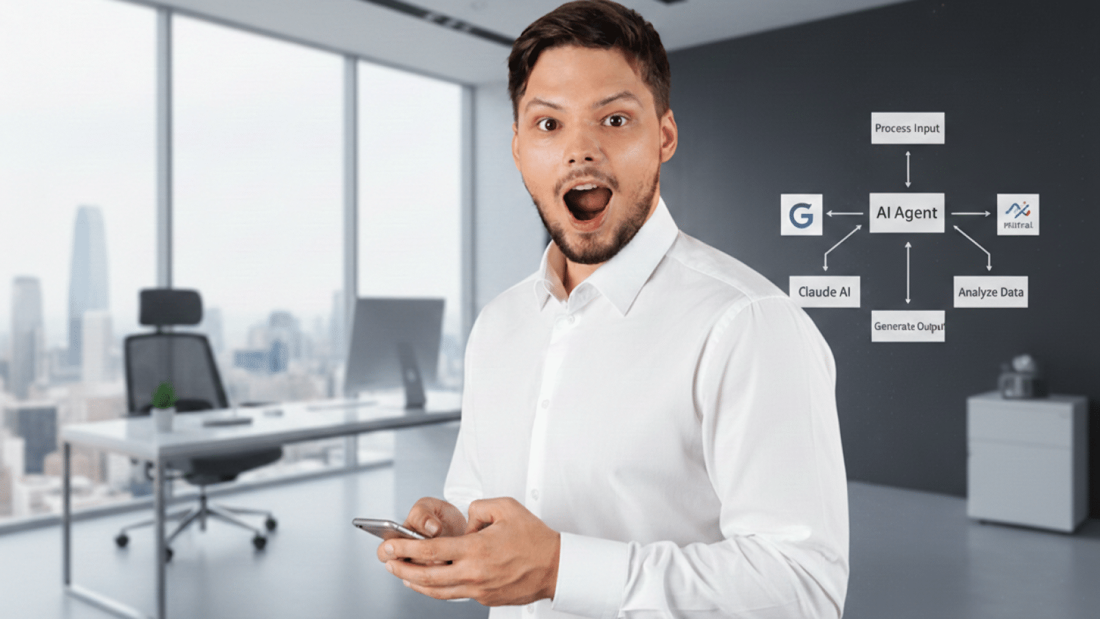 Un business man surpris d'un workflow ia entreprise