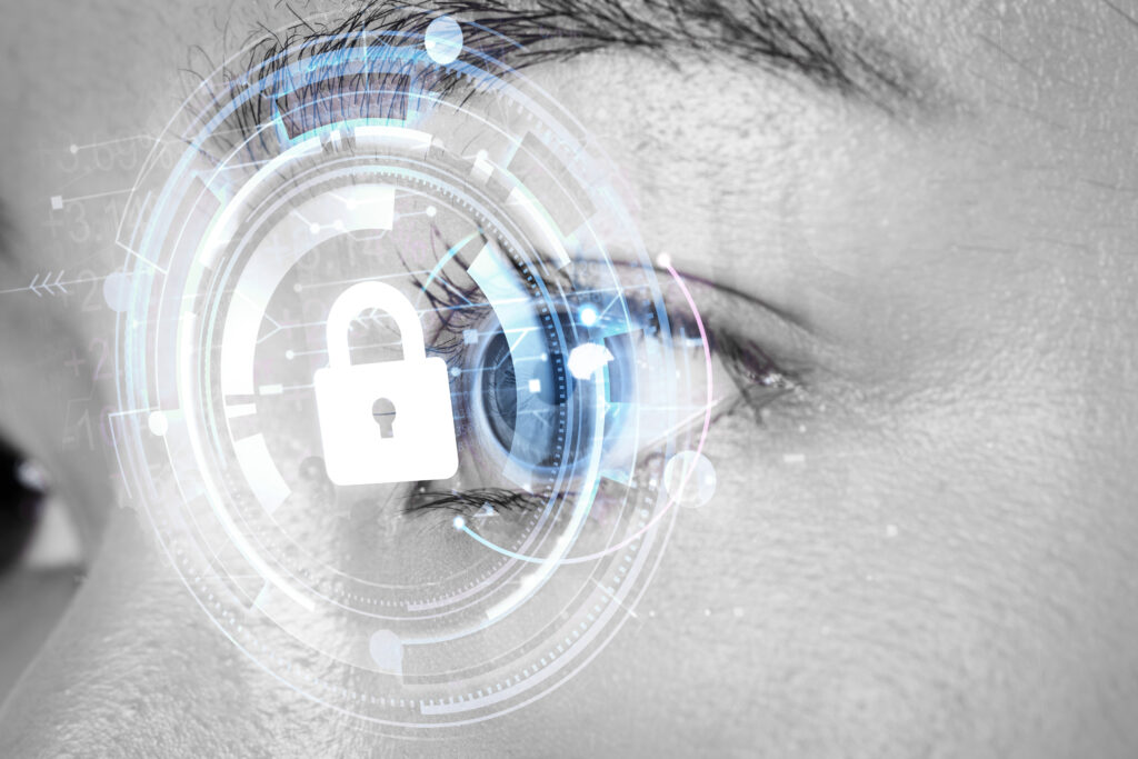 woman&rsquo;s eye with smart contact lens biometric secu technol